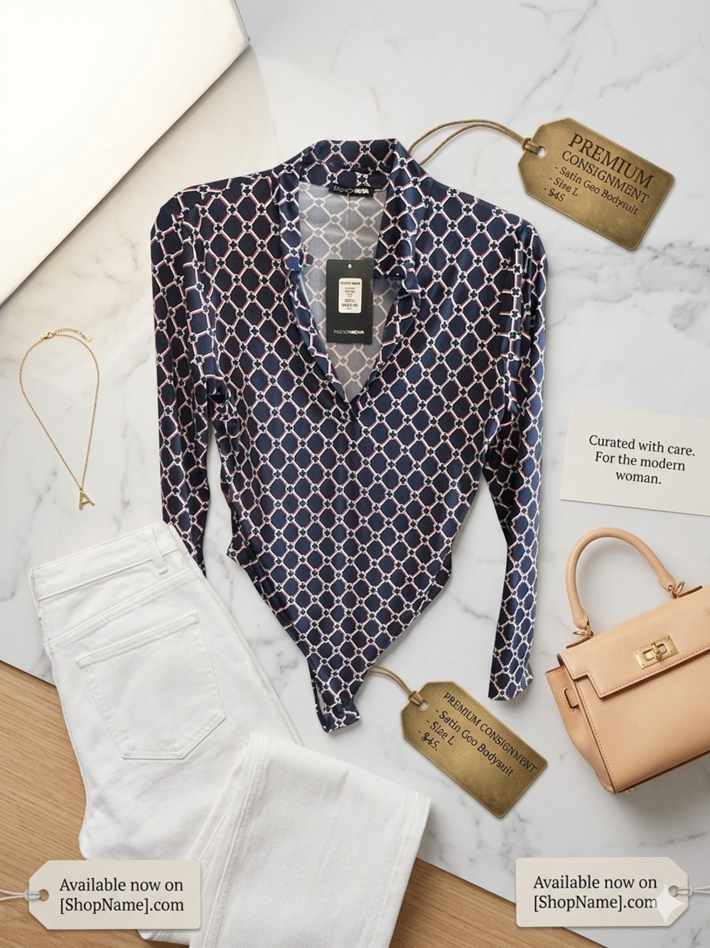 Fashion Nova Navy and White Geometric Button-Down Wrap Top